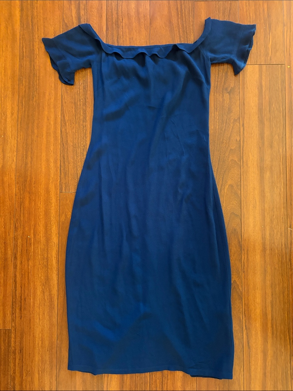 Reformation Antonia Dress Deep Navy Off-Shoulder Ruffle Midi
